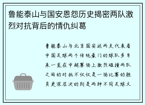 鲁能泰山与国安恩怨历史揭密两队激烈对抗背后的情仇纠葛